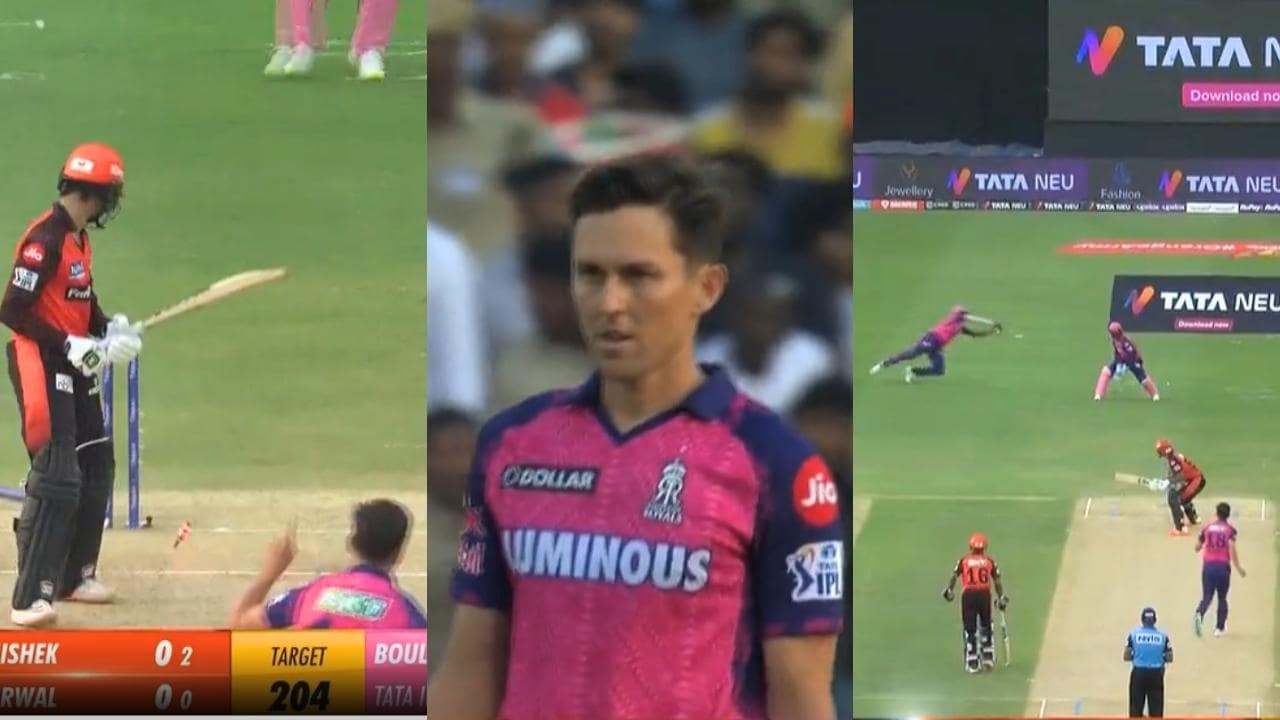 Abhishek Sharma, Trent Boult and Rahul Tripathi
