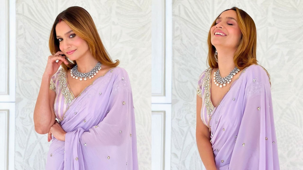 Ankita Lokhande Lavender Saree Look