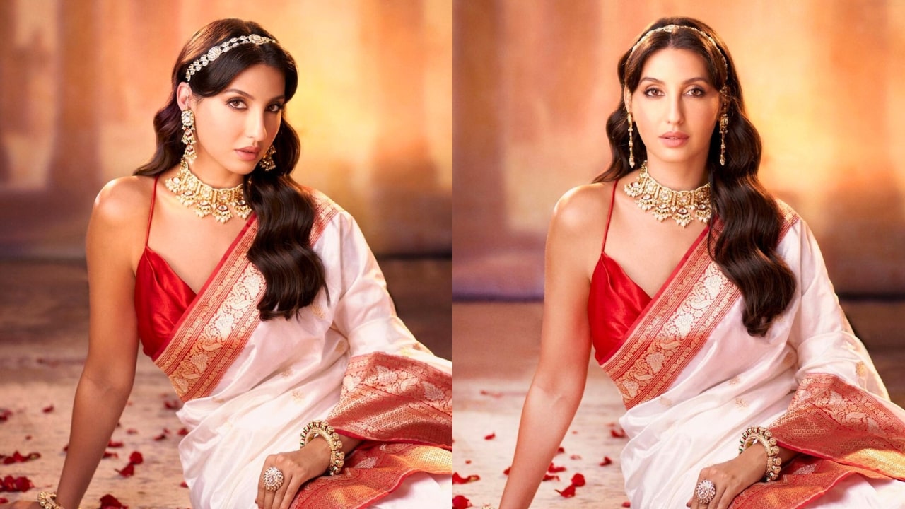 Nora Fatehi In White Kanjivaram Saree